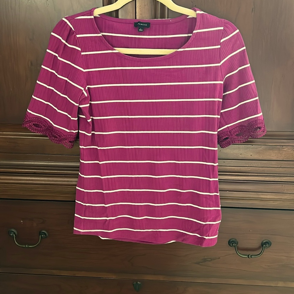 Talbots Berry and White Striped Short Sleeve Top with lace trim/Size S